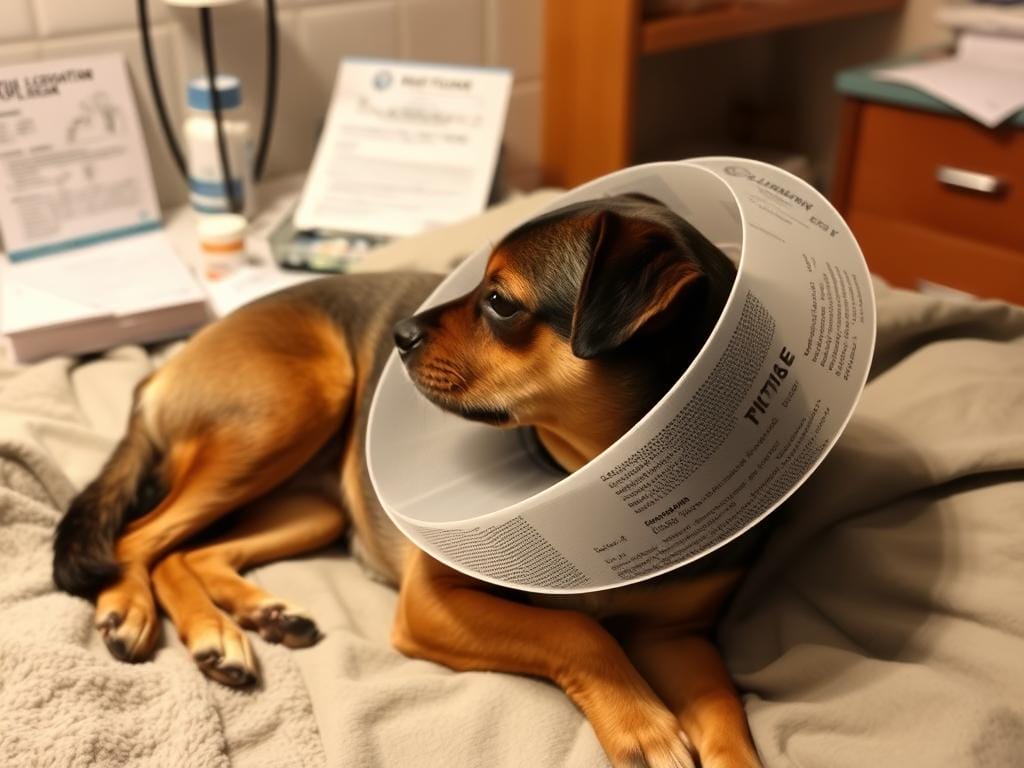 Mascota con collar isabelino recuperándose de esterilización