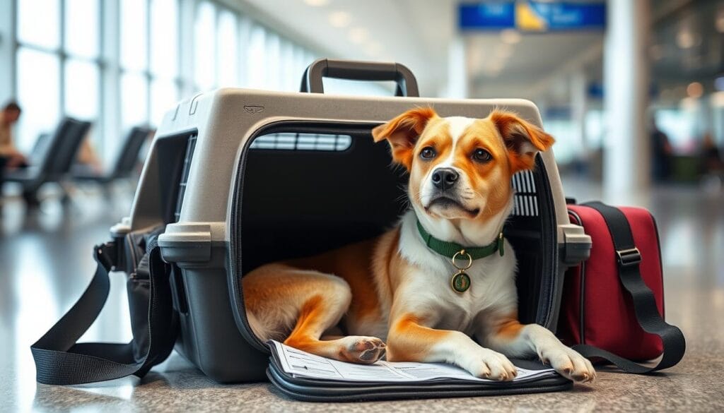 Perro viajando cómodamente en un guacal para Trámites de Viaje para Mascotas en Ibagué Perro viajando cómodamente en un guacal para Trámites de Viaje para Mascotas en Ibagué