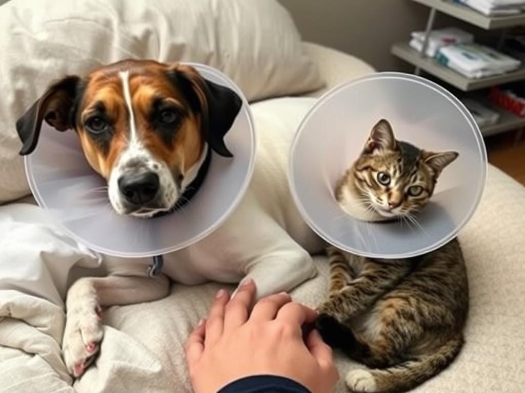 Perro y gato recuperándose juntos después de procedimiento de esterilización