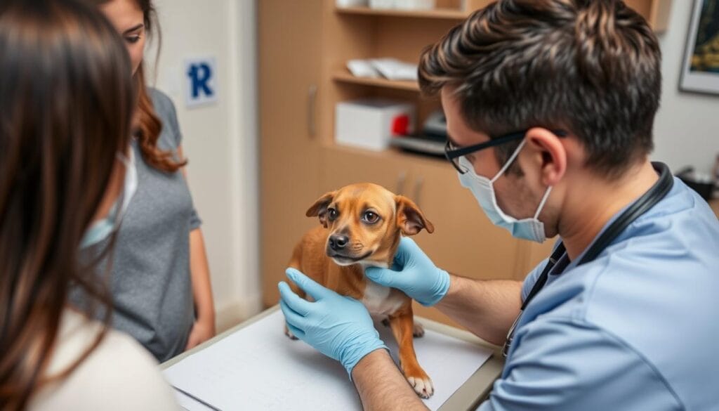 Veterinario revisando a mascota después de esterilización perros y gatos