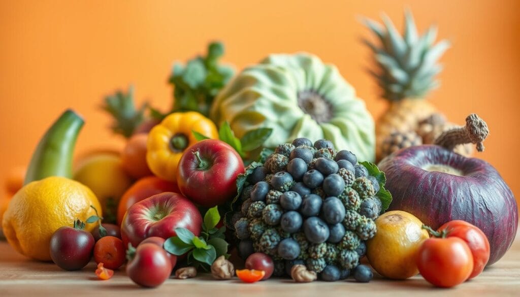 A colorful and vibrant still life scene depicting an assortment of fresh, ripe fruits and crisp, healthy vegetables against a warm, soft-focus background. The arrangement is carefully composed, with the produce artfully displayed in the foreground, allowing their natural textures, colors, and shapes to take center stage. Warm, directional lighting casts gentle shadows, highlighting the produce's luscious quality and nutritional benefits. The overall mood is one of abundance, vitality, and the inherent goodness of natural, wholesome ingredients suitable for canine consumption. The image conveys a sense of the positive impacts these fruits and vegetables can have on a dog's health and well-being. A colorful and vibrant still life scene depicting an assortment of fresh, ripe fruits and crisp, healthy vegetables against a warm, soft-focus background. The arrangement is carefully composed, with the produce artfully displayed in the foreground, allowing their natural textures, colors, and shapes to take center stage. Warm, directional lighting casts gentle shadows, highlighting the produce's luscious quality and nutritional benefits. The overall mood is one of abundance, vitality, and the inherent goodness of natural, wholesome ingredients suitable for canine consumption. The image conveys a sense of the positive impacts these fruits and vegetables can have on a dog's health and well-being.