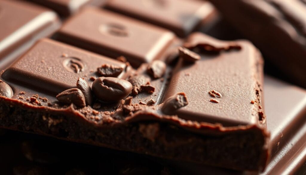 A cross-section of a rich, dark chocolate bar, revealing the intricate patterns and texture of the cocoa beans within. The cocoa nibs are visible, glistening with the natural oils that give chocolate its distinctive flavor. The lighting is soft and warm, casting gentle shadows that highlight the depth and complexity of the chocolate's composition. The image has a close-up, macro-like perspective, drawing the viewer's attention to the key component that makes chocolate dangerous for dogs - the theobromine compound, or "teobromina en chocolate".
