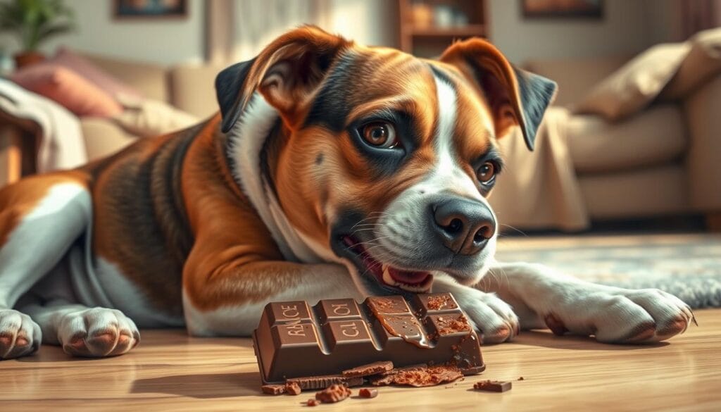 A detailed illustration of a dog exhibiting symptoms of chocolate intoxication. In the foreground, a medium-sized canine lies restless, displaying an upset stomach, vomiting, and rapid breathing. Its eyes are wide with distress. In the middle ground, the dog's gaze is fixed on a partially eaten chocolate bar, the cause of its ailment. The background shows a cozy domestic setting, with household items and furniture suggesting a home environment. Soft, natural lighting casts a warm, empathetic tone, drawing attention to the dog's plight. The composition conveys the urgency and seriousness of the situation, emphasizing the need for immediate veterinary attention.