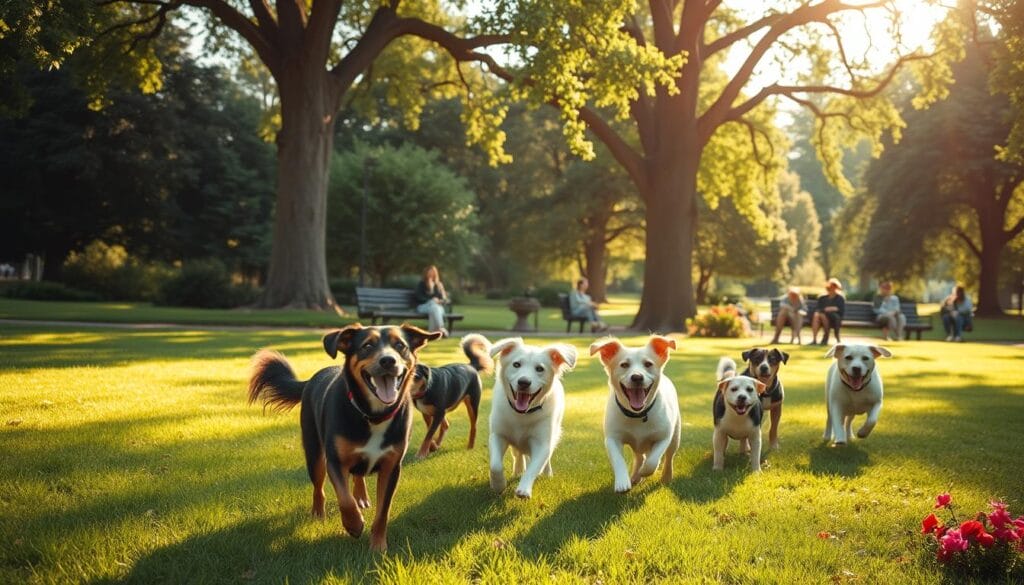 A beautifully lit, sun-dappled park scene with lush greenery and vibrant flowers. In the foreground, a group of happy dogs frolicking and playing fetch, their wagging tails and joyful expressions capturing the benefits of outdoor recreation. In the middle ground, dog owners relaxing on benches, engaged in conversation and watching over their beloved companions. Towering trees provide a natural canopy, creating a serene and peaceful atmosphere. The lighting is soft and warm, casting a golden glow that enhances the sense of well-being and contentment. The overall composition conveys the importance of recreational spaces that cater to the needs and well-being of dogs and their human companions. A beautifully lit, sun-dappled park scene with lush greenery and vibrant flowers. In the foreground, a group of happy dogs frolicking and playing fetch, their wagging tails and joyful expressions capturing the benefits of outdoor recreation. In the middle ground, dog owners relaxing on benches, engaged in conversation and watching over their beloved companions. Towering trees provide a natural canopy, creating a serene and peaceful atmosphere. The lighting is soft and warm, casting a golden glow that enhances the sense of well-being and contentment. The overall composition conveys the importance of recreational spaces that cater to the needs and well-being of dogs and their human companions.
