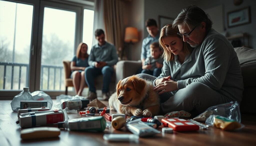 A chaotic pet emergency scene unfolds in a well-lit home interior. In the foreground, a distressed pet owner tends to their injured furry companion, surrounded by spilled first aid supplies. The middle ground features concerned family members and a veterinarian providing guidance. In the background, a window looks out onto a rainy, stormy outdoors, heightening the sense of urgency. Dramatic chiaroscuro lighting casts dramatic shadows, conveying the gravity of the situation. The composition emphasizes the pet's vulnerability and the owner's determination to provide immediate care, capturing the essence of being prepared for unexpected pet emergencies. A chaotic pet emergency scene unfolds in a well-lit home interior. In the foreground, a distressed pet owner tends to their injured furry companion, surrounded by spilled first aid supplies. The middle ground features concerned family members and a veterinarian providing guidance. In the background, a window looks out onto a rainy, stormy outdoors, heightening the sense of urgency. Dramatic chiaroscuro lighting casts dramatic shadows, conveying the gravity of the situation. The composition emphasizes the pet's vulnerability and the owner's determination to provide immediate care, capturing the essence of being prepared for unexpected pet emergencies.