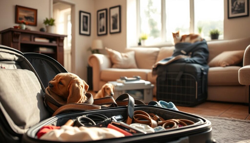 A cozy, domestic scene of a family preparing for a pet-friendly road trip. In the foreground, a well-stocked suitcase sits open, filled with a mix of pet supplies and personal items. A dog bed, leash, and a small carrier can be seen peeking out. In the middle ground, a cat lounges on a windowsill, watching the bustling activity. The background depicts a warm, sun-drenched living room, with plush furniture and framed photos on the walls, creating a sense of comfort and homeliness. The lighting is soft and natural, casting a gentle glow over the scene. The overall mood is one of excitement and anticipation for the upcoming journey, with the pets integrated seamlessly into the family's travel preparations.