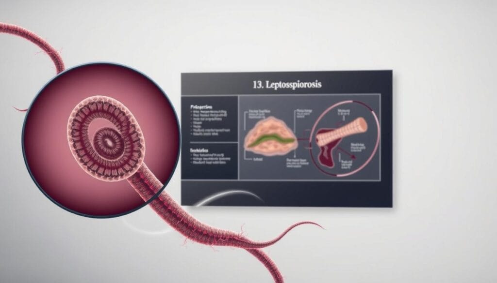 A detailed medical illustration depicting the bacterium responsible for leptospirosis, set against a clean, clinical backdrop. The foreground features a highly magnified, annotated view of the spiral-shaped Leptospira bacteria, showcasing its distinctive characteristics. The middle ground includes a cross-section diagram highlighting the pathogenic mechanisms and transmission routes of the disease. In the background, a muted color palette evokes a sense of seriousness and importance, complementing the informative and educational nature of the image.