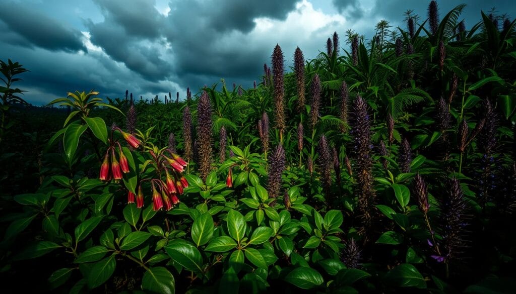 A lush, hidden garden scene filled with a variety of toxic plants, their leaves and flowers casting long shadows across the ground. Ominous storm clouds loom overhead, creating an atmosphere of foreboding. In the foreground, a tangle of glossy, dark green leaves and delicate, bell-shaped flowers emanate a subtle but dangerous aura. The middle ground features towering, spiky plants with vivid purple hues, their spines and serrated edges hinting at their lethal potential. In the background, a dense thicket of exotic, otherworldly flora obscures the horizon, their alien forms suggesting unseen perils. Moody, low-angle lighting casts dramatic shadows, heightening the sense of hidden menace. The overall scene evokes a hidden, untamed danger lurking within the beauty of the natural world.