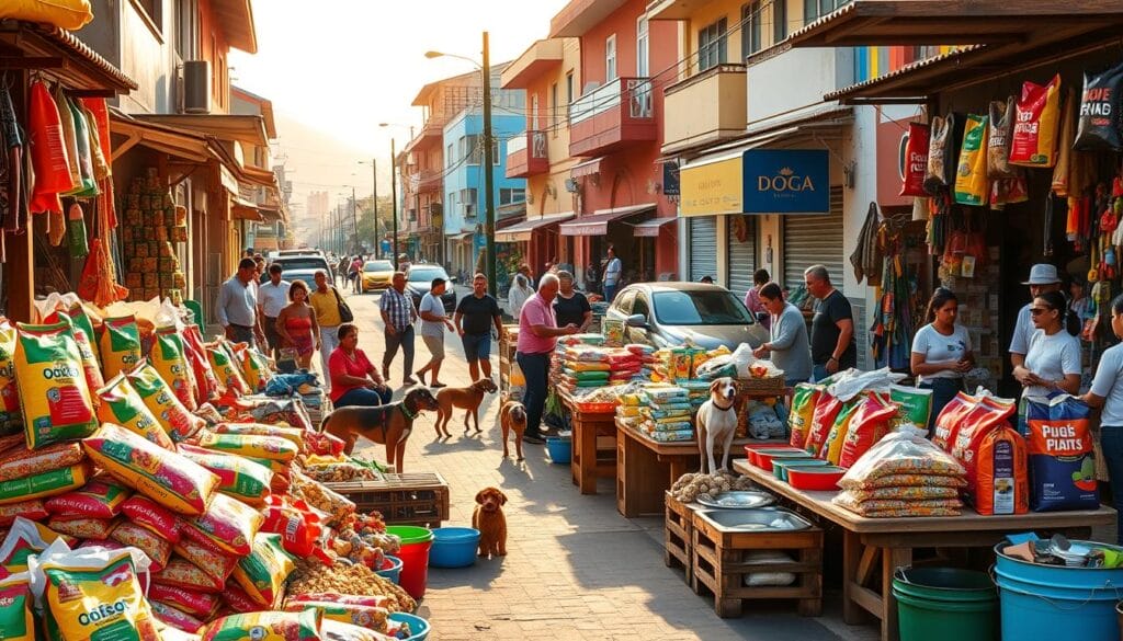 A vibrant outdoor scene showcasing the bustling dog food market in Ibagué, Colombia. In the foreground, a colorful array of pet food bags, bowls, and accessories are displayed on rustic wooden stalls. Middle ground features local pet owners browsing the offerings, interacting with shopkeepers and their canine companions. The background is filled with the lively atmosphere of the city streets - colorful buildings, pedestrians, and the occasional passing car. Warm afternoon sunlight filters through, casting a golden glow over the scene. The overall mood is one of community, care, and the importance of proper nutrition for the beloved dogs of Ibagué.