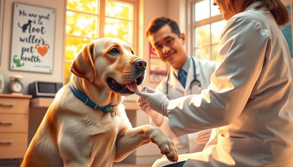 Detailed and realistic depiction of a veterinary clinic interior, with a doctor administering a vaccine to a friendly Labrador Retriever dog. The scene is brightly lit with warm, natural lighting filtering through large windows. The doctor wears a white lab coat and gloves, gently holding the dog's paw as they administer the injection. The dog is calm and cooperative, surrounded by medical equipment and supplies. The clinic walls feature inspirational pet health posters. The overall atmosphere conveys a sense of care, trust, and the importance of canine vaccination. Detailed and realistic depiction of a veterinary clinic interior, with a doctor administering a vaccine to a friendly Labrador Retriever dog. The scene is brightly lit with warm, natural lighting filtering through large windows. The doctor wears a white lab coat and gloves, gently holding the dog's paw as they administer the injection. The dog is calm and cooperative, surrounded by medical equipment and supplies. The clinic walls feature inspirational pet health posters. The overall atmosphere conveys a sense of care, trust, and the importance of canine vaccination.