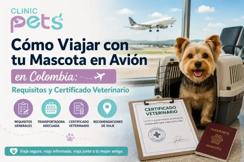 Mascota con certificado de salud veterinario para viajar en avión en Colombia